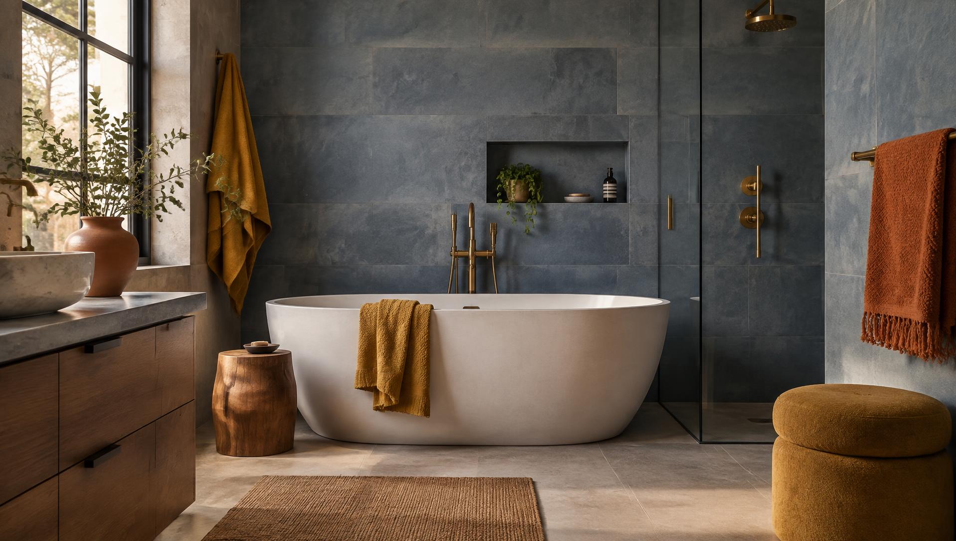 Freestanding bath against slate blue tiles